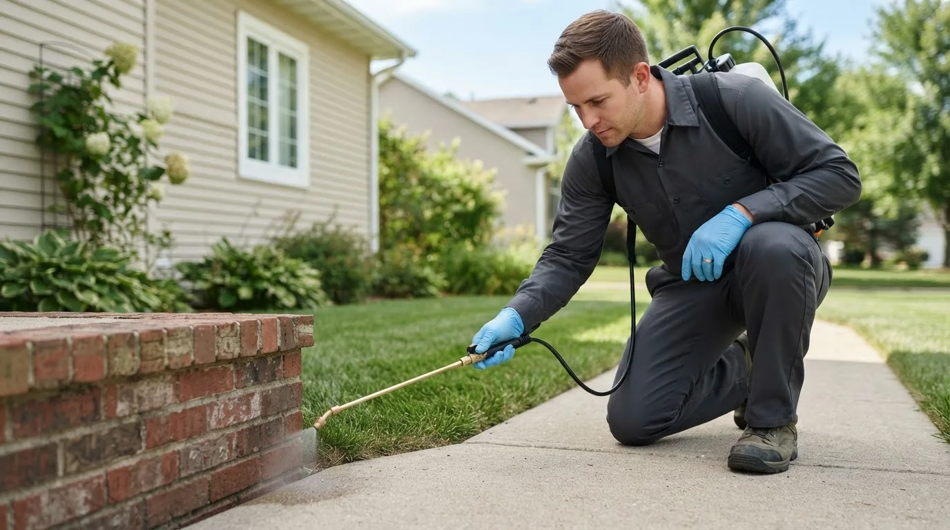 Pest control technician treating a home near Willoughby, OH